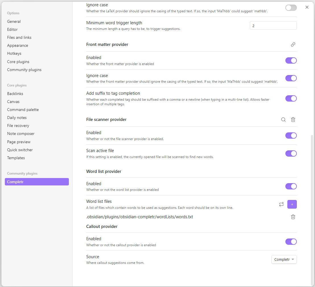 Completr plugin settings